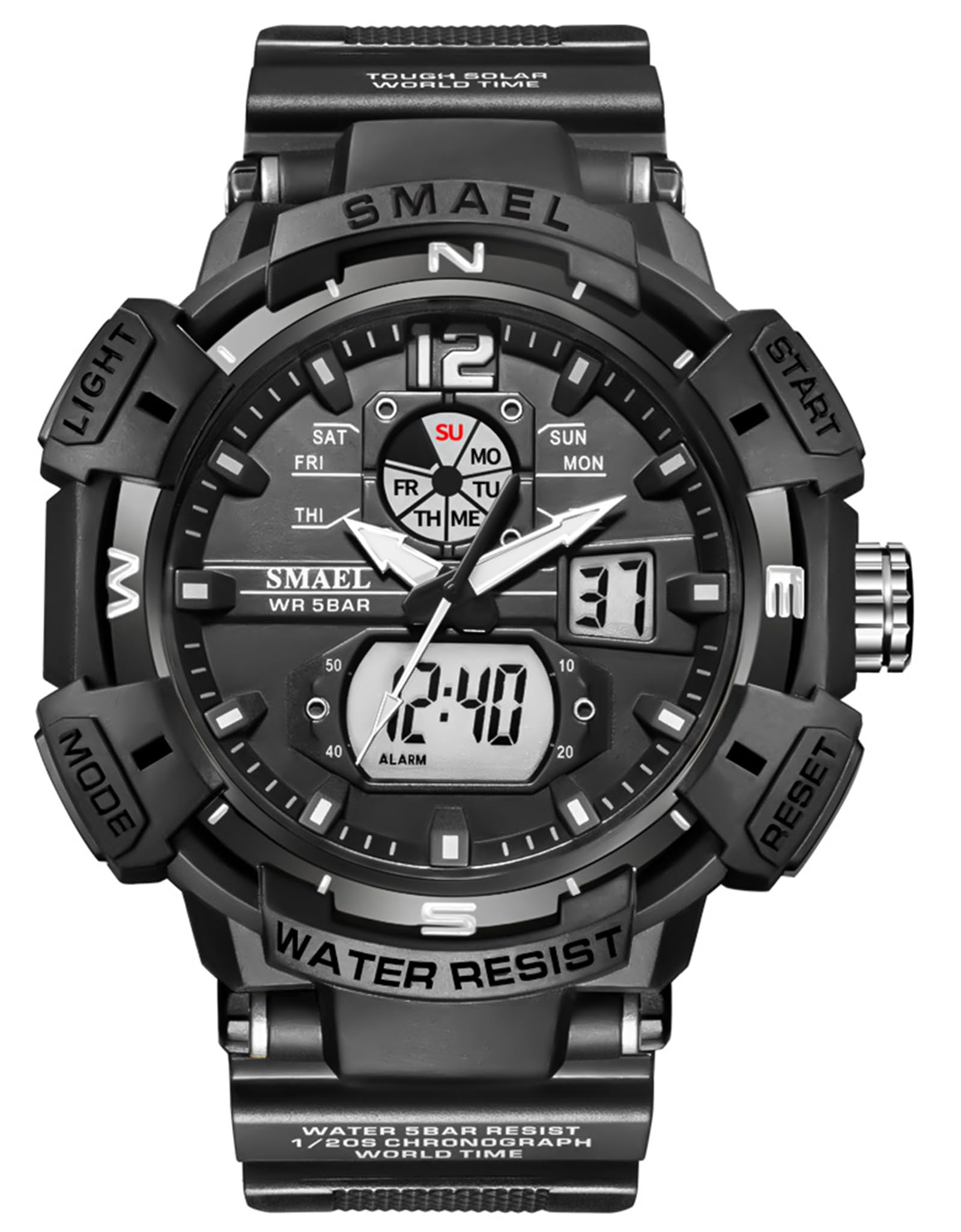 FANMIS Mens Analog Digital Sports Watch Large Face Outdoor Sports Waterproof Military Wrist Watches with Date Multifunction Tactics LED Army Watch Backlight Stopwatch (Black), Black, Digital