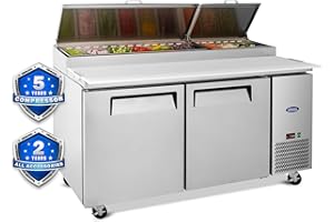 ORIKOOL 67" Commerical Pizza-Sandwich Prep Table Refrigerator - Double Door Stainless Steel Refrigerator, 21 Cu.ft Capacity, Low Noise, Adjustable Shelves, Auto Defrost, Digital Temp Control