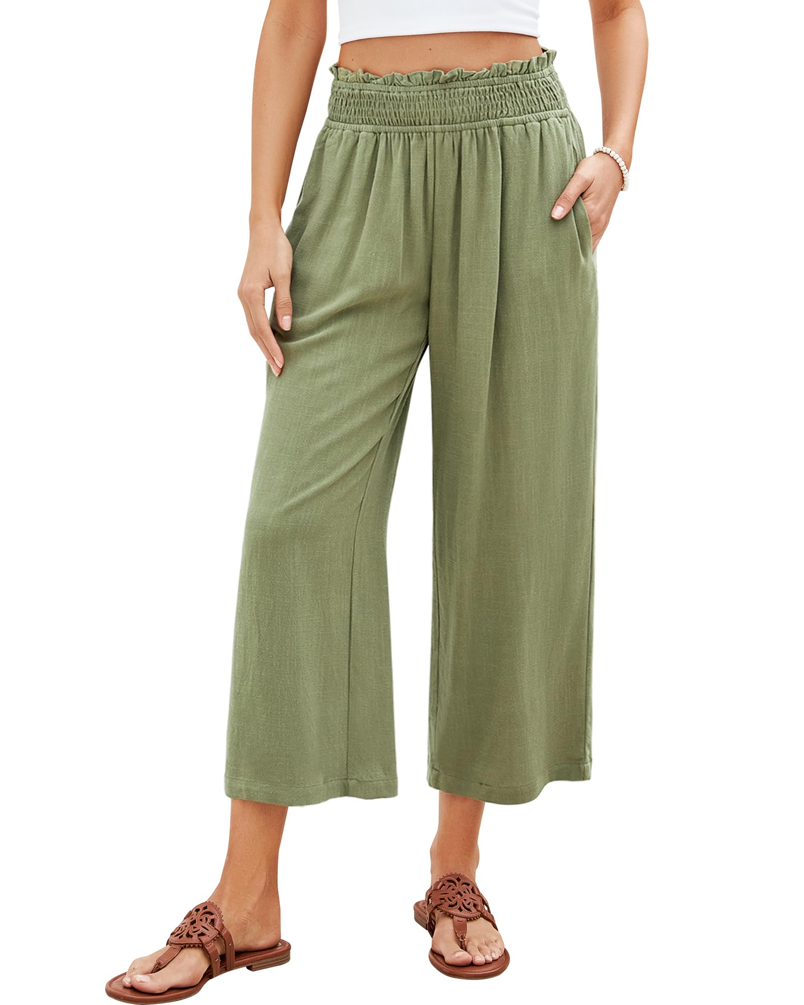 Photo 1 of GRAPENT Wide Leg Trousers Flowy Beach Pants Summer Casual Outfits for Women Summer Outfits Lounge Pants with Pockets Women High Waisted Linen Trousers Olive Green Large Size 12-14