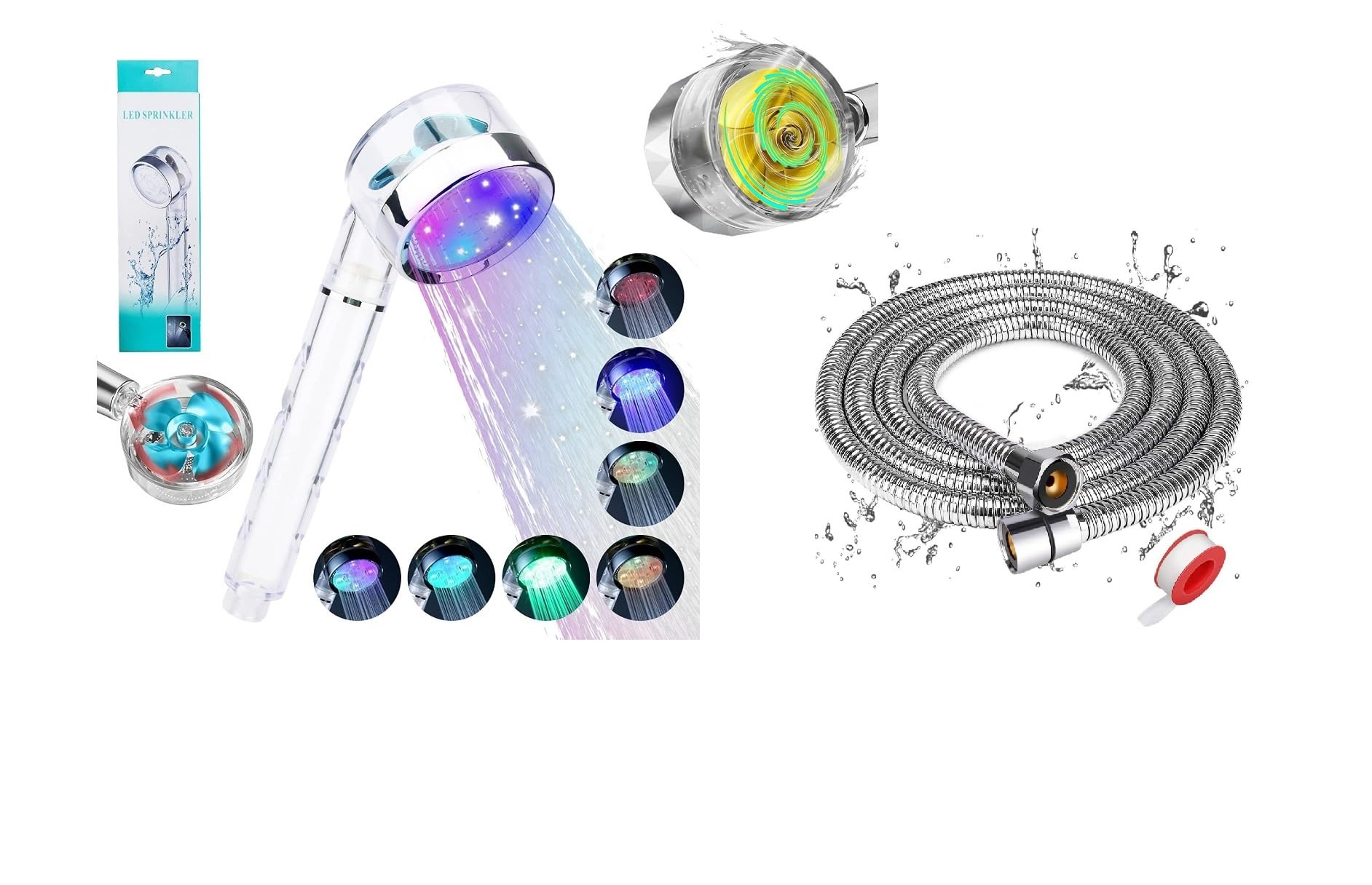 7 Color Changing with Water Temperature LED 360° Rotatable Micro-Nozzle Structure Built-in hydroelectric Generator Shower Head with 1.5 m Stainless Steel Hose