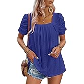 Dokotoo Women's Hollow Pleated Short Sleeves Square Neck Casual Loose Solid Color Knit T Shirts Tops Blouses