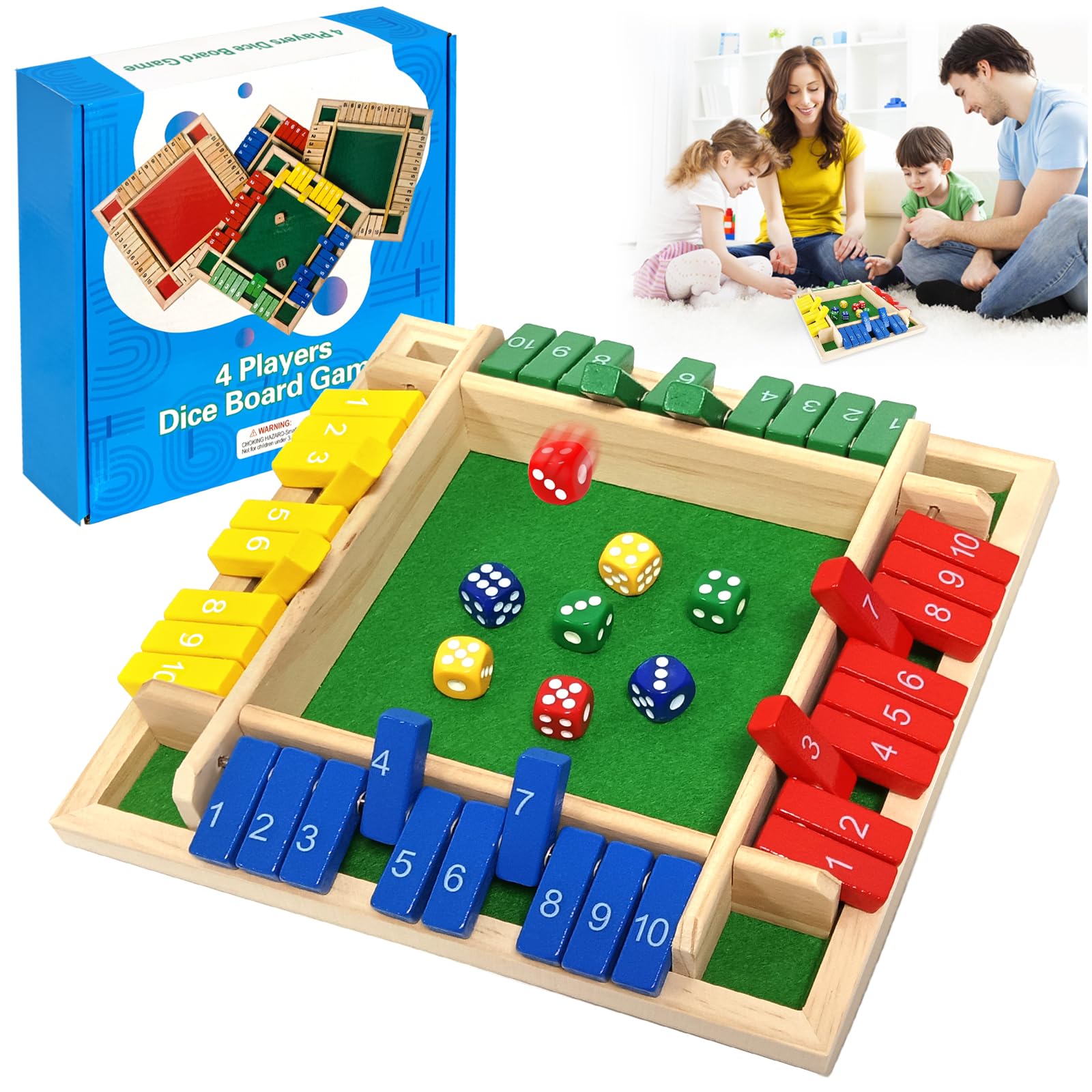 Shut the Box Classic Wooden Board Game with Dice 4 Player, Classic Premium Wooden Dice Board Educational Travel Friendly Fun Table Math Family Boards Games for Kids Adults Holiday Fun — image 1