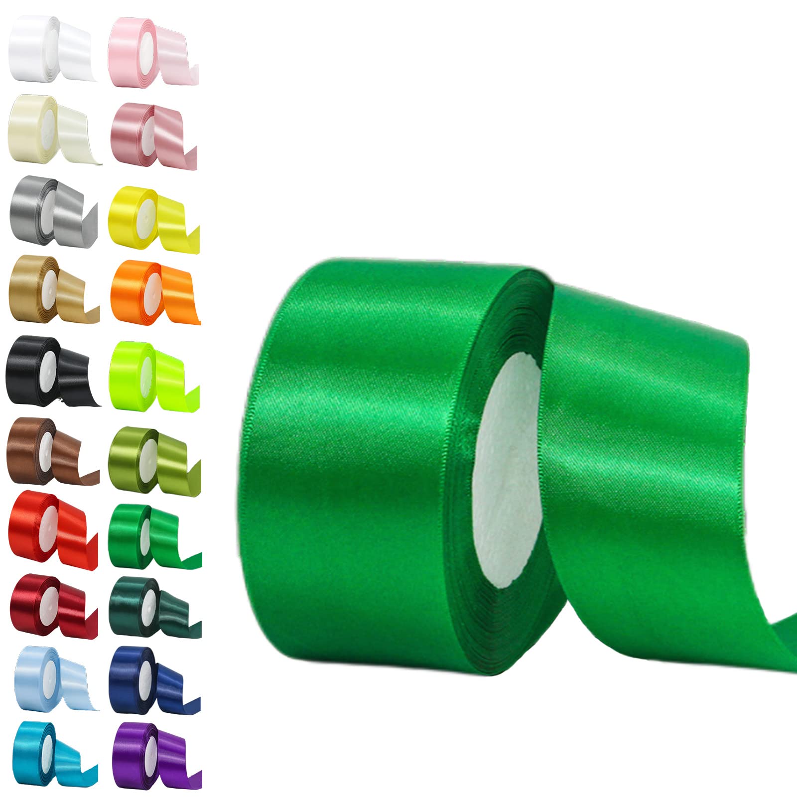 50mm Wide Green Ribbon for Gift Crafting, 22M 2Inch Green Solid Fabric Large Thick Satin Ribbon for Decorative Gift Wrapping, Wedding, Car, Sewing, Floral, Xmas Presents
