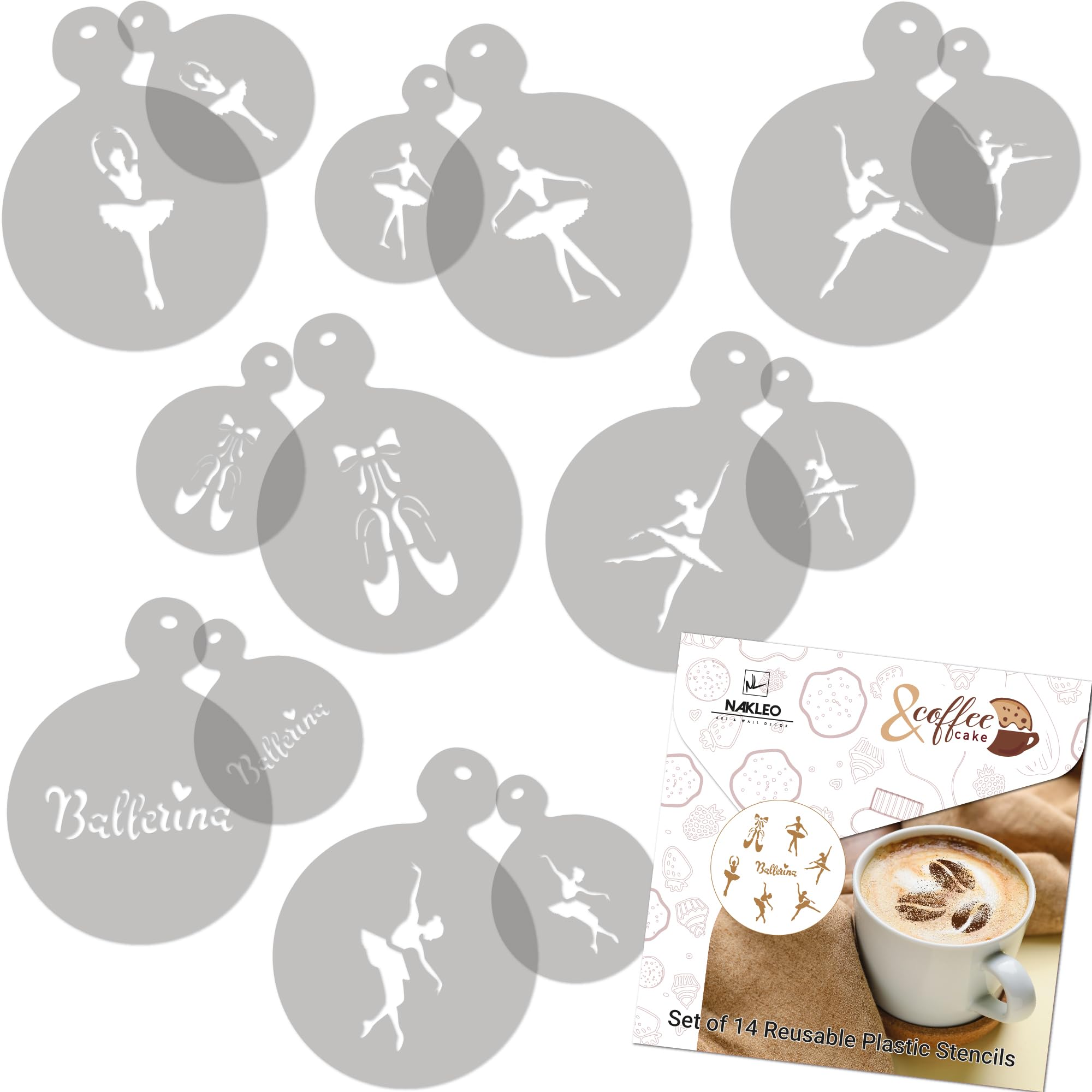 NAKLEO Coffee Stencils and Cookies Decoration 14Pcs 7x7 and 11x11cm, Reusable Plastic Baking Templates, Ballerinas Dancers Ballet, Barista DIY Art Craft, Capuccino Latte Chocolate Cake Biscuit Kitchen