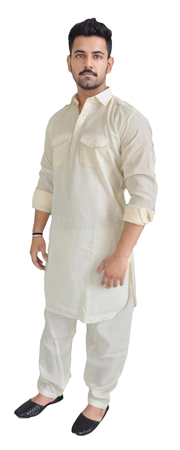 shahi libas men's cotton linen cream pathani kurta salwar