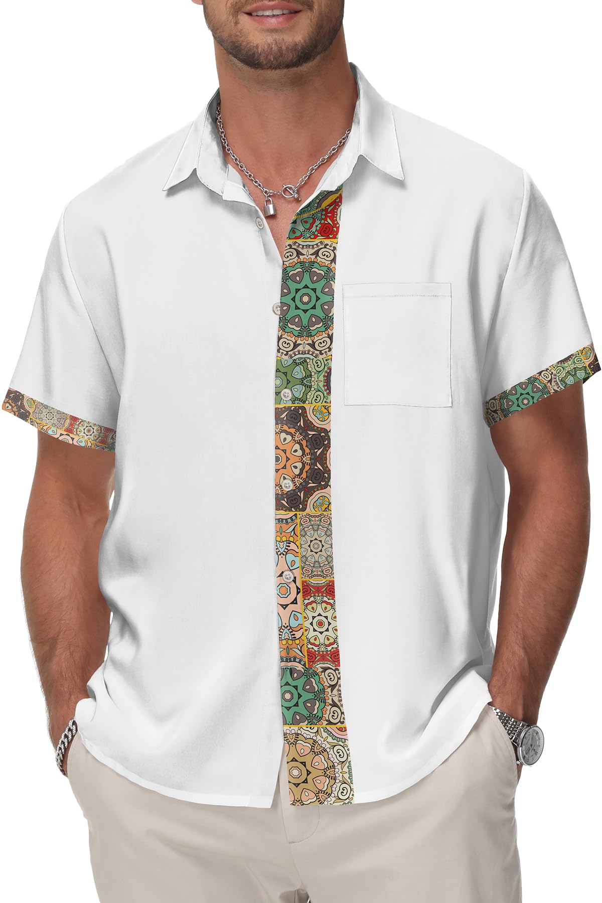 Photo 1 of KYKU Mens Beach Button Up Shirts Printed Patchwork Design Mens Short Sleeve Summer Shirts White M