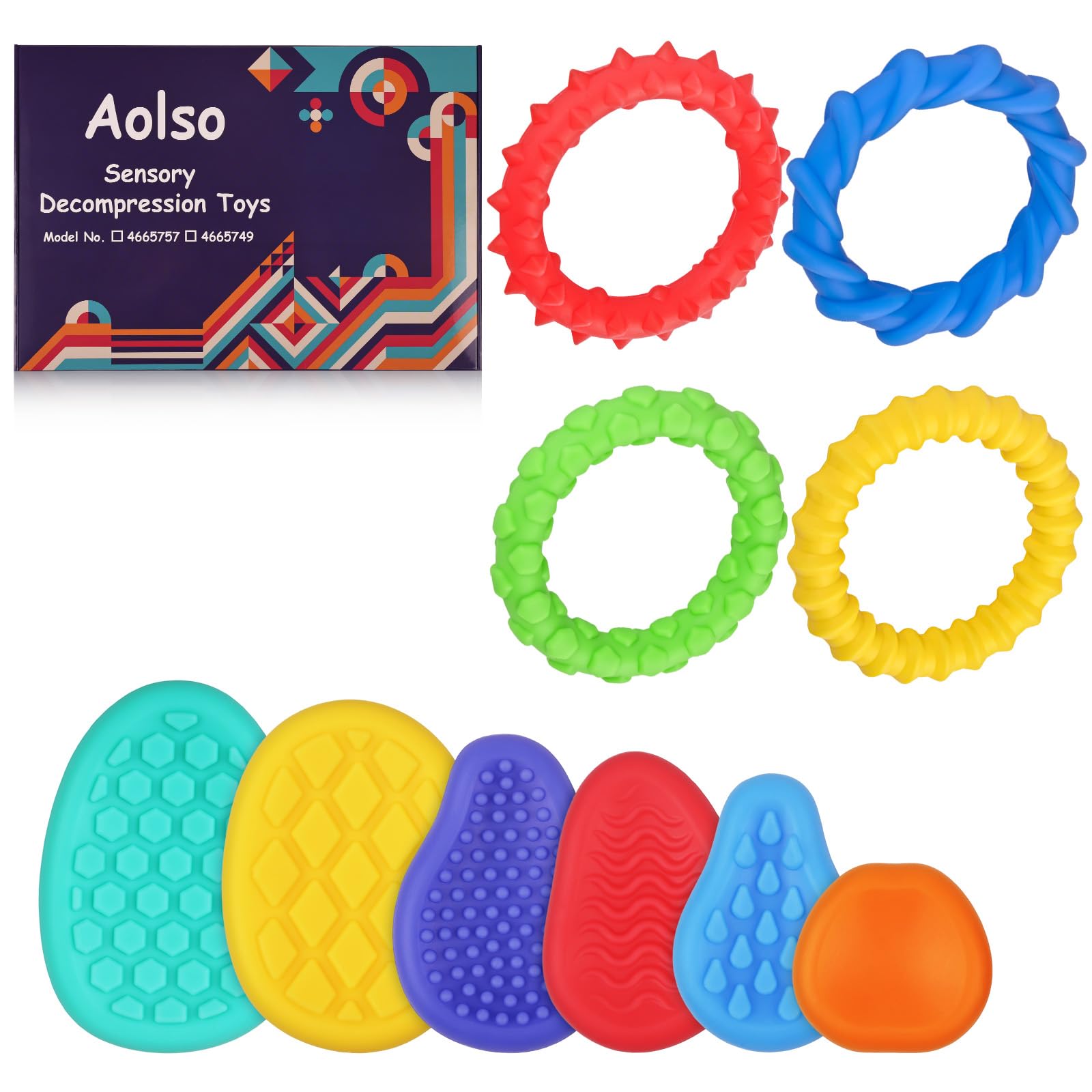Aolso Sensory Toys for Autism,6 Pcs Fidget Rings 6 Pcs Sensory Stone 4 Pcs Fidget Bracelet,Textured Soft Silicone Sensory Acupressure Rings for Anxiety Relief,Fidget Toys for Anxiety ADHD