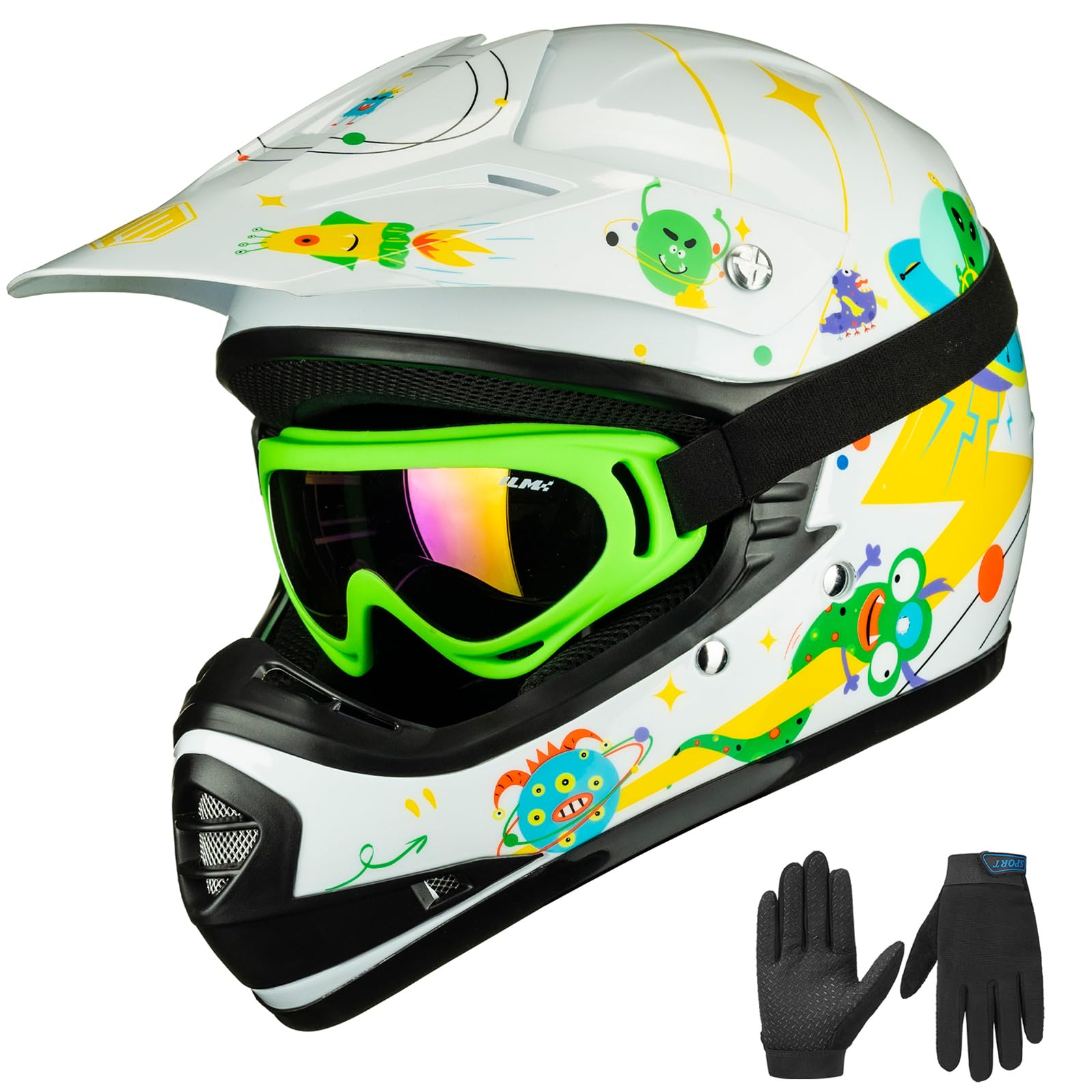 ILM Youth Kids ATV Motocross Helmet Goggles Sports Gloves Dirt Bike Motorcycle Off Road DOT Approved B07(Youth-S, Alien White) Image