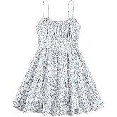 RoseSeek Girl's Summer Dress Floral Ruffle Hem Spaghetti Strap Ruched Bust Cami Short Dress Sundress