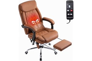 BOWTHY Kneading Massage Executive Office Chair with Heated,90-135°Reclining Office Chair with Footrest,High Back Computer Desk Chair with Wheels, Leather Office Chair (Brown)