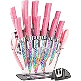 Rainbow Titanium Knife Set, Non Stick Thick and Sharp Stainless Steel 15 Pcs Cutlery Kitchen Knives Set with Acrylic Block, Chef Quality for Home & Pro Use, Best Gift, Pink Color