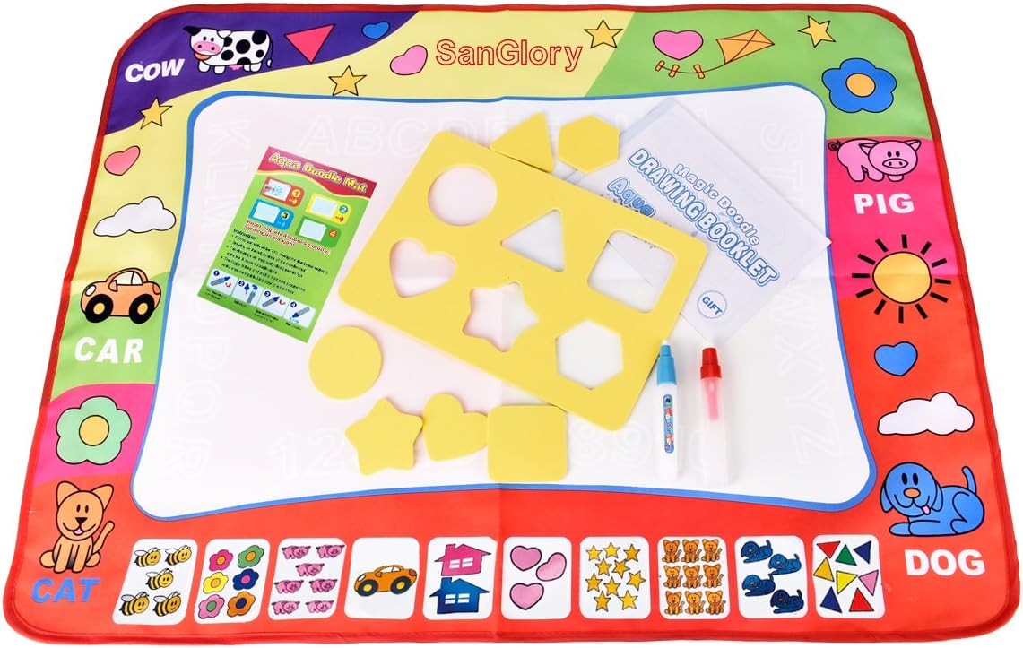 SanGlory Water Doodle Mat, Magic Drawing Painting Mat 60 x 80cm with 2 Water Pen, 6 Stamps and 1 Drawing Booklet - Reusable Aqua Water Drawing Mat, Best Gifts for Kids Boys Girls