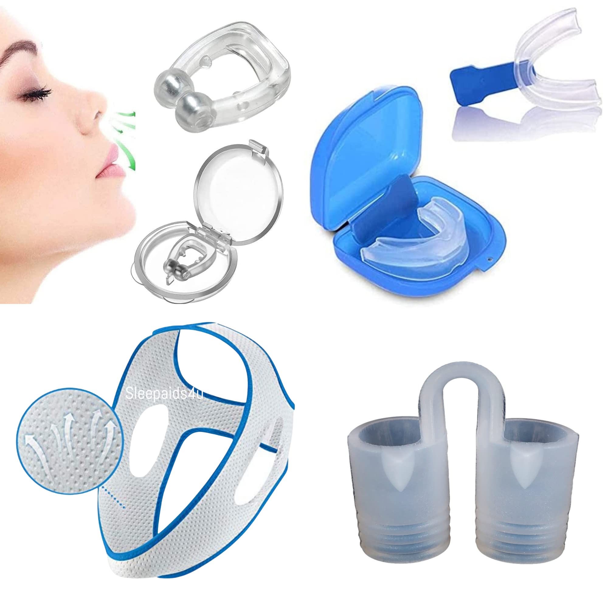 The Ultimate Anti-Snore Devices Kit | 4 Top Selling Products | One Mouldable Anti Snore Mouthpiece | Snore Stopper Chin Support Strap | Set of 4 Nose Nasal Dilators | Nose Therapy Nasal Clip |