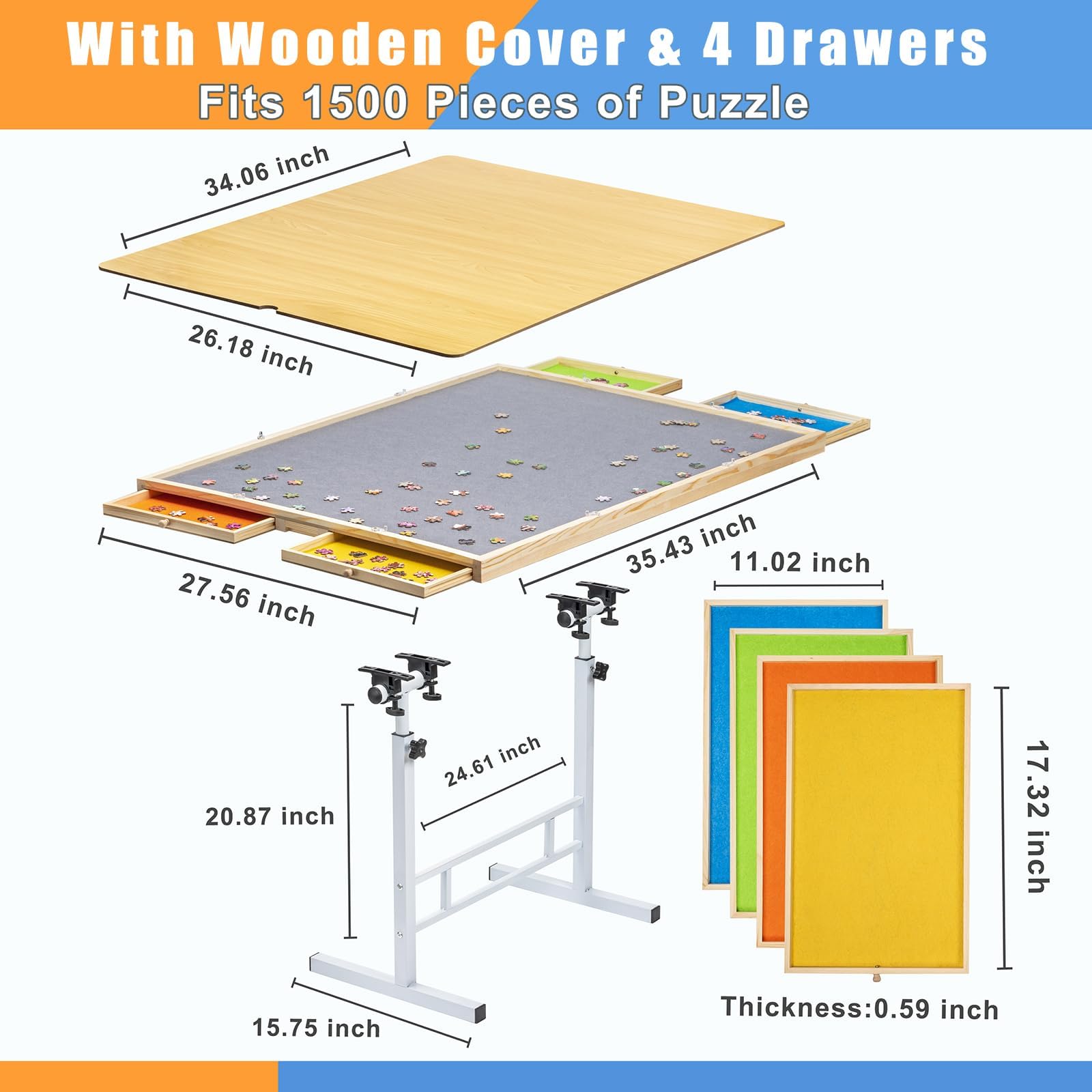 Fanwer Adjustable Puzzle Table with Drawers 1500 Piece, Angle & Height Adjustable Jigsaw Puzzle Table with Metal Legs | 35