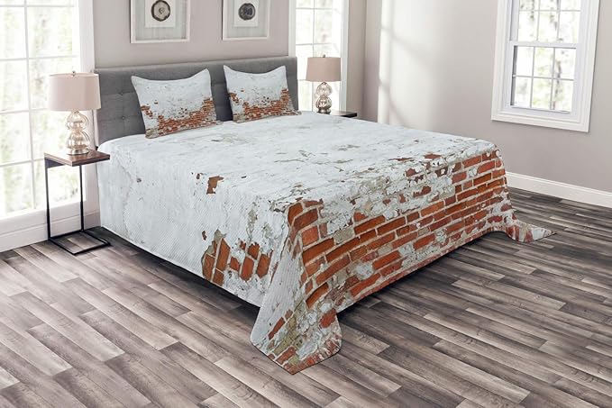 Abakuhaus Ziegelwand Tagesdecke Set, Im Alter von Vintage-Ziegelmauer, Set mit Kissenbezügen Weicher Stoff, für Doppelbetten 