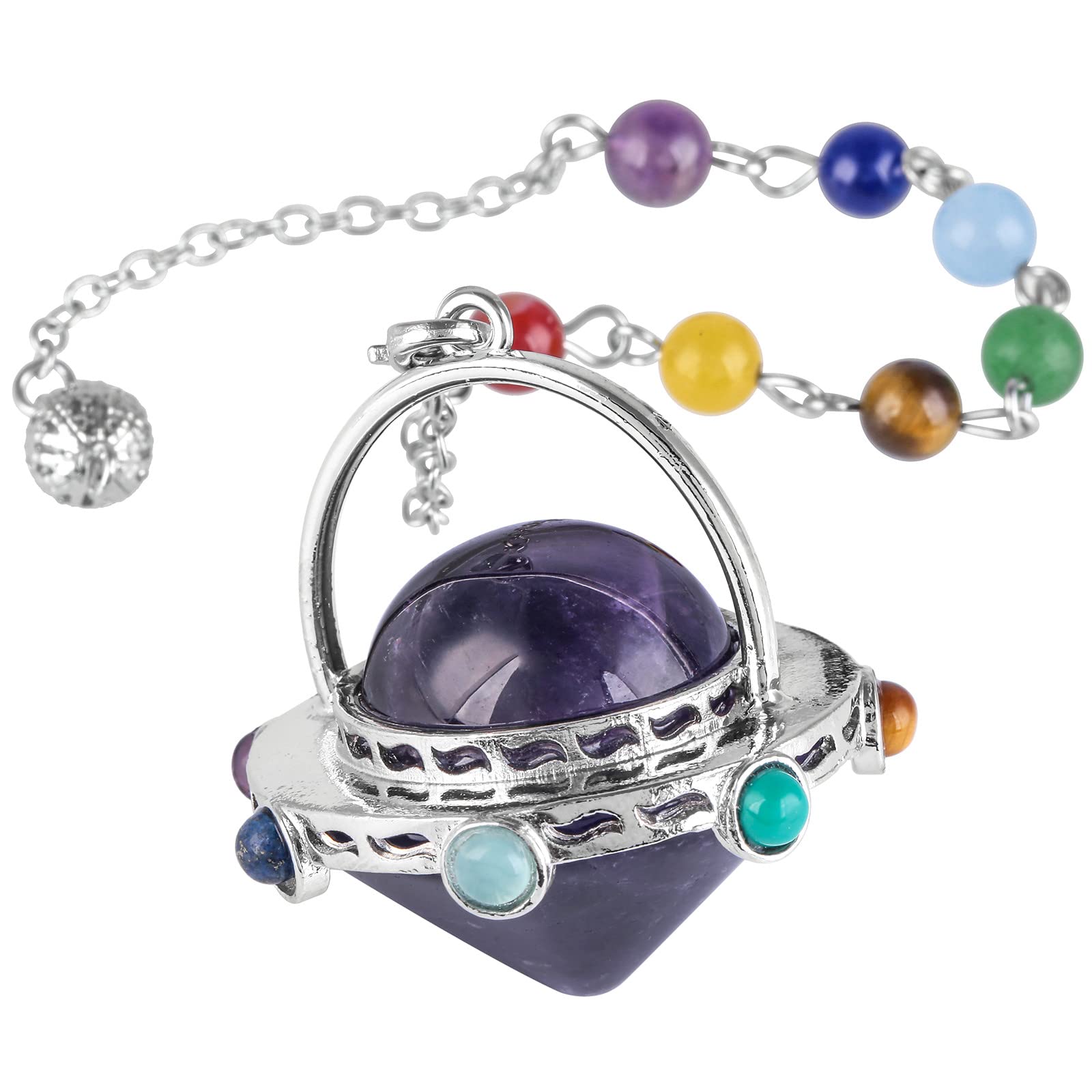 Nupuyai 7 Chakra Amethyst Crystal Quartz Point Pendulum for Divination Dowsing Scrying, Energy Healing Stone Pendulum with Beads Chain