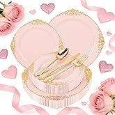 Joyido 125PCS Pink and Gold Plastic Plates - Pink Disposable Plates - Vintage Plate with Gold Plastic Silverware Set for 25 Guests for Weddings Baby Shower Parties