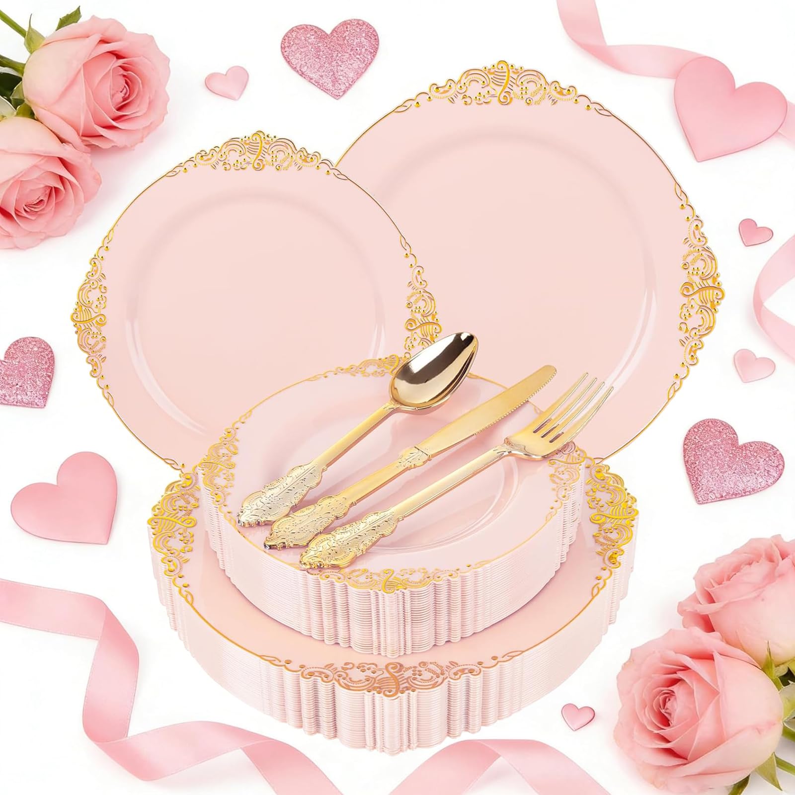 Photo 1 of Joyido 125PCS Pink and Gold Plastic Plates - Pink Disposable Plates - Vintage Plate with Gold Plastic Silverware Set for 25 Guests for Weddings Baby Shower Parties