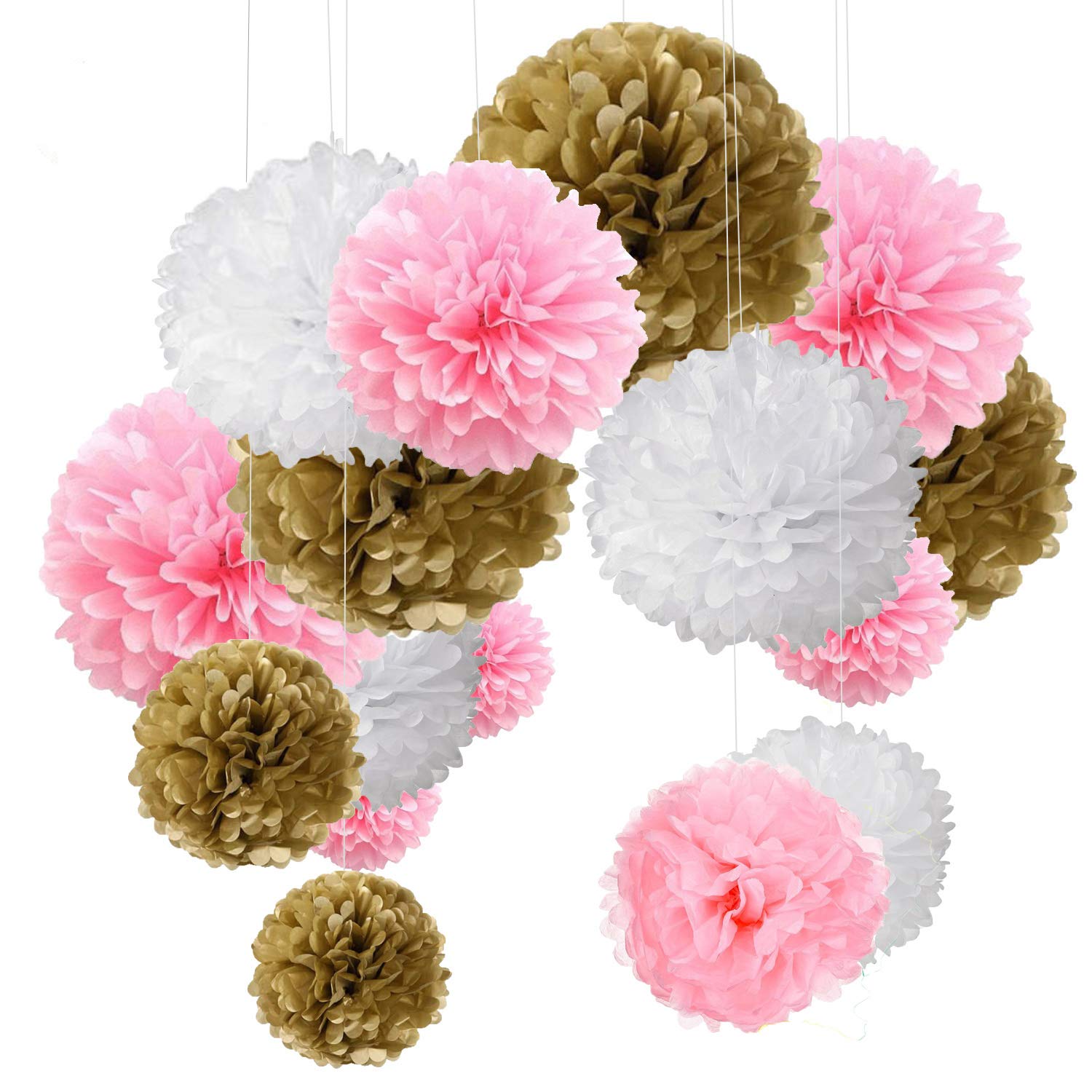 MAKFORT 15pcs Pompom Decorations Tissue Pom Poms Paper Flower Ball for Wedding Festival Party Gold Pink White(30.5cm/25cm/15.5cm)