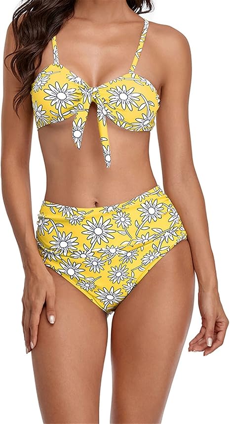 Amazon Co Jp 水着 タンキニ 2点セット セクシー 大きいサイズ 女性の花のプリント2個の水着セクシーなパッド入りプッシュアップタイ ノットトップとハイウエストラッされたボトムビキニセット水着 水着2ピースレディースタンキニスイミングコスチューム 水着