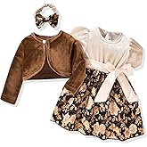fioukiay Baby Girls Dress and Velvet Cardigan Sets Infant Girls Casual Floral Print Fall Dresses Winter with Headband