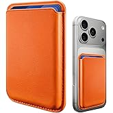 HAUXGOGO Magnetic Wallet Cell Phone Card Holder，Stronger Magnetic Leather Phone Wallet Compatible with iPhone 12-17 Series and Pro/Promax, Fit 3 Cards (Orange)