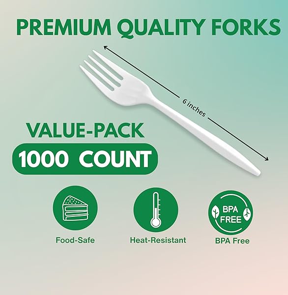 1000 COUNT PLASTIC FORKS DISPOSABLE MEDIUM WEIGHT BPA FREE, HEAT RESISTANT, BULK PREMIUM CUTLERY UTENSILS FOR TAKEOUT, MEAL PREP, PARTY SUPPLY (10 PACKS OF 100)
