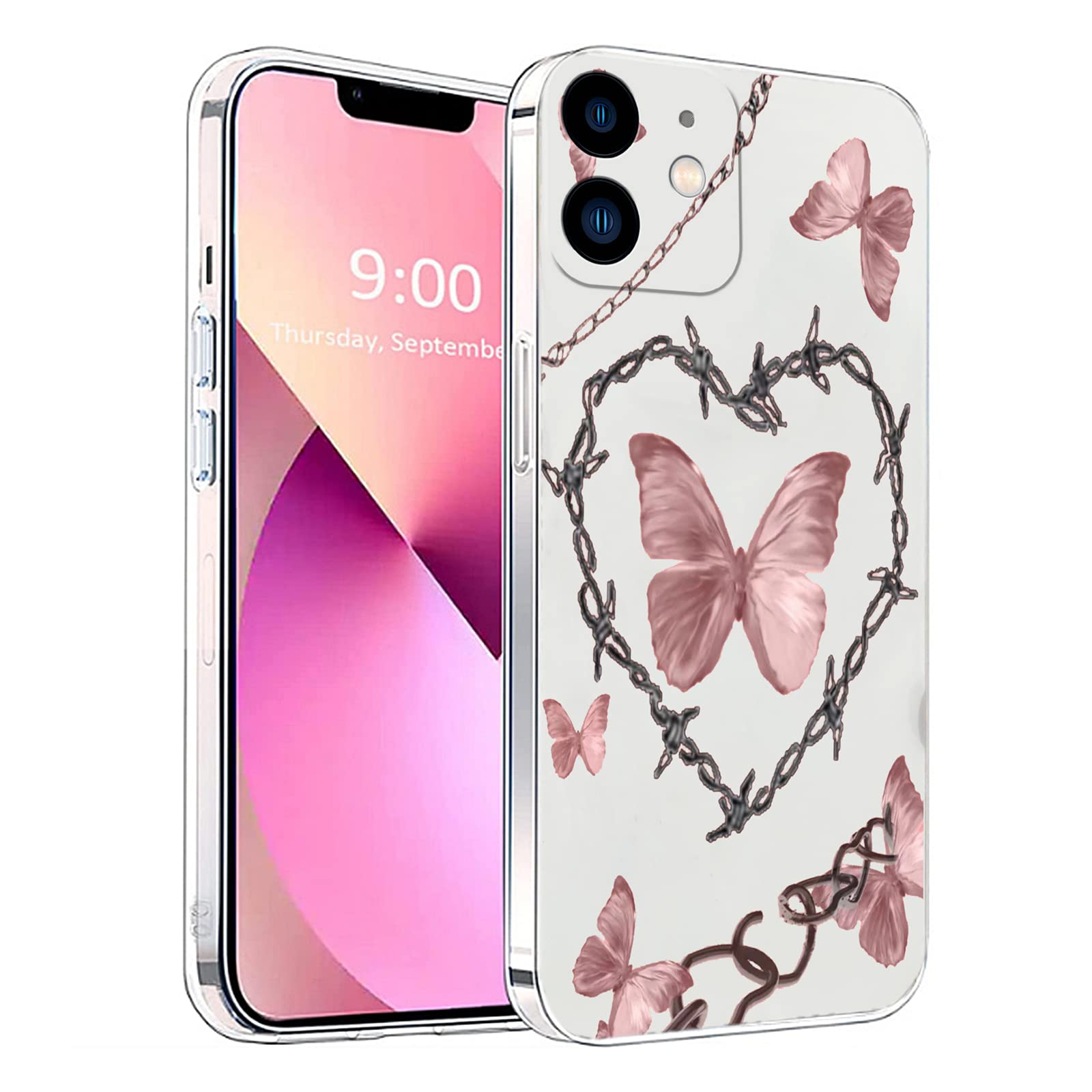 Succtopy Mobile Phone Case, Phone Cover Case for iPhone 12, TPU Silicone Soft Slim Protective Mobile Phone Covers for iPhone 12 6.1 Inch (Pink Butterfly)