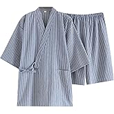 Classical Traditional Japanese Style Pajamas, Stylish Cotton Bathrobe Kimono Pajamas Casual Clothes for Men and Women, Blue Stripe