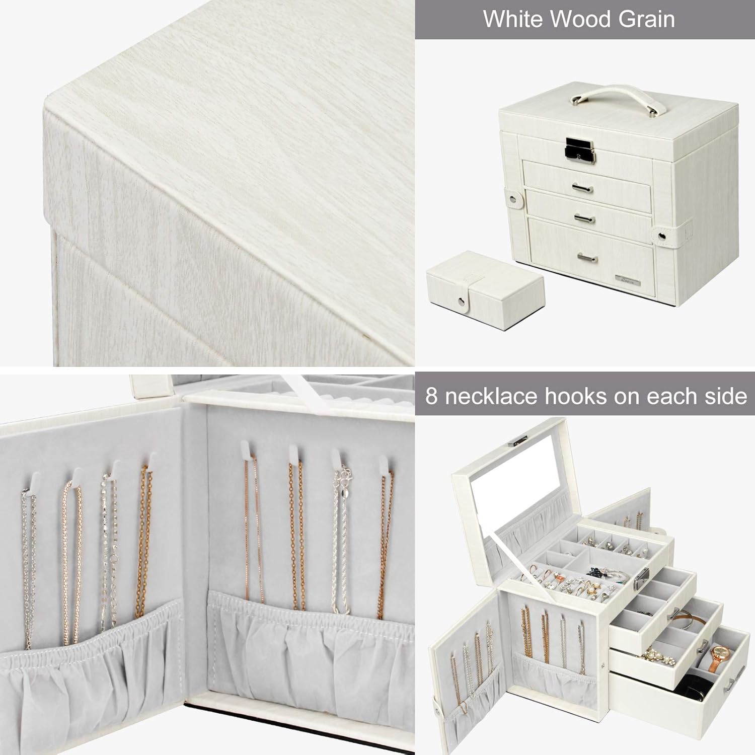 Homde Jewelry Box for Women Girls with Small Travel Case Mirror Necklace Ring Earrings Organizer White Wood Grain: Home Improvement