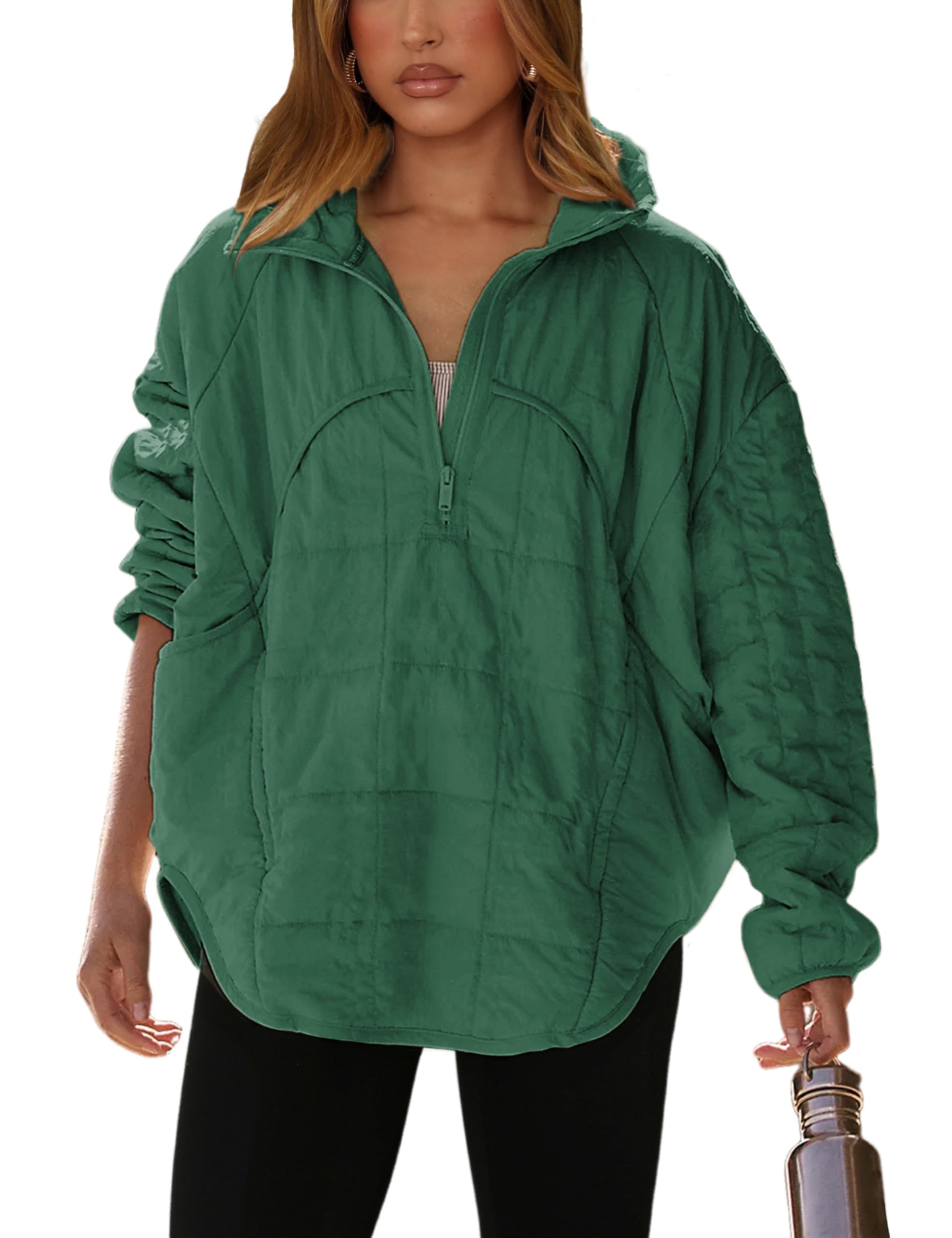 Photo 1 of Daacee Oversized Lightweight Quilted Pullover Jacket for Women Casual Half Zip Up Puffer Jackets Padded Outwear with 4 Pockets(0760-Green-S)