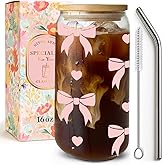 Niyorayna Coquette Pink Bow Glass Cup Gifts for Teen Girls,Friends,Sister - Aesthetic Iced Coffee Drinking Glass Tumbler with Lids and Straws,Cute Bow Cups for Birthday -160