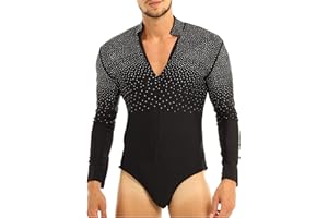 vastwit Men's Shiny Rhinestones Unitard Tops Ballroom Latin Salsa Rumba Dance Shirt Leotard Bodysuit