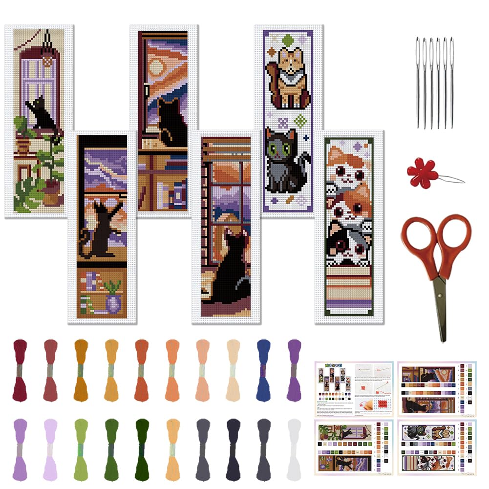 FREEBLOSS 22 * 8cm 6 Set Cross Stitch Bookmark Kits Lucky Black Cat Cross Stitch Patterns DIY Bookmarks Cross Stitch Kits Stamped Embroidery Bookmarks Kit Counted Cross Stitch Kits for Beginners