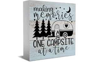 HTBIG Funny Camping Gifts Desk Decor Wooden Box Sign Camping Camper Accessories Decor Rustic Wood Block Plaque Box Sign for Camper Traveler Home Farmhouse Shelf Table Decoration One Campsite at a Time Sign