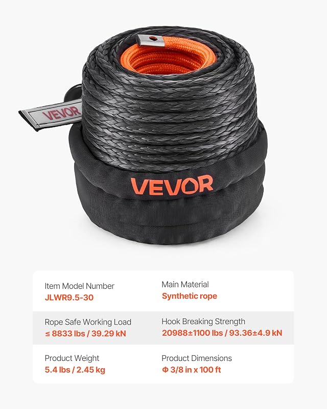 Cuerda de cabrestante de 9,5 mm x 30,5 m, cable sintético de resistencia a la rotura de 117,9 kN con funda protectora, gancho de cabrestante forjado, correa de tracción para SUV, vehículos todot