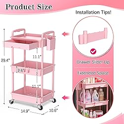SUNALLY 3 Tier Rolling Cart with Drawer, Bathroom
