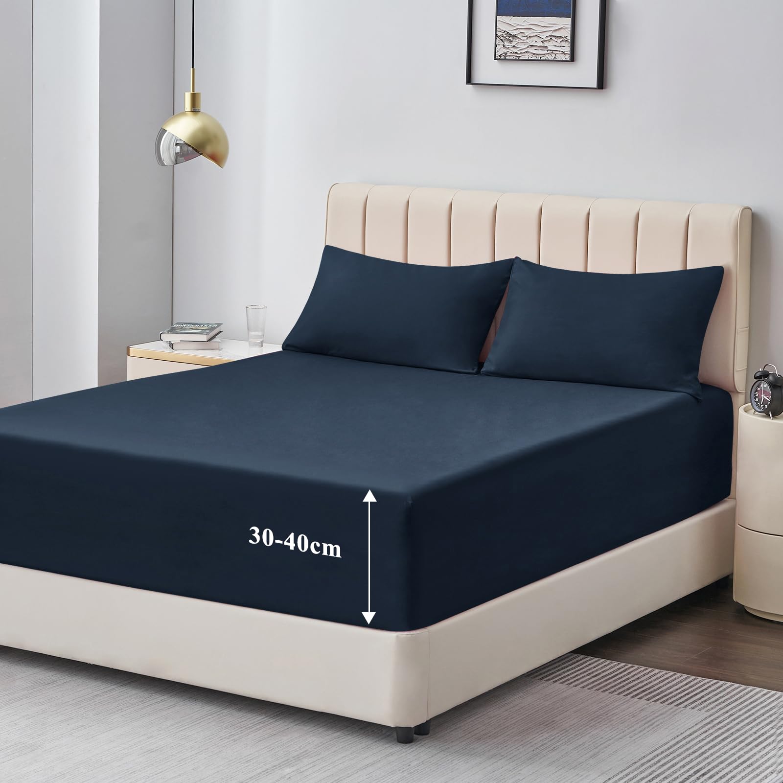 Aisbo Double Fitted Sheet Navy Blue - Extra Deep Pocket Bed Sheet 16 inch 40 cm - Microfiber Bottom Sheet, 135x190cm