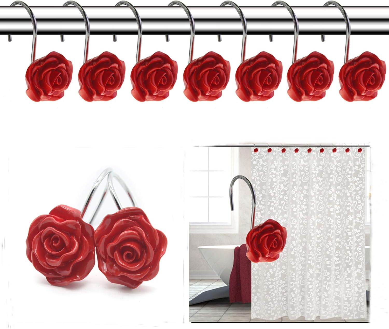 FINROS 12 PCS Home Fashion Decorative Anti Rust Shower Curtain Hooks Rose Design Shower Curtain Rings Hooks (RED): Home & Kitchen
