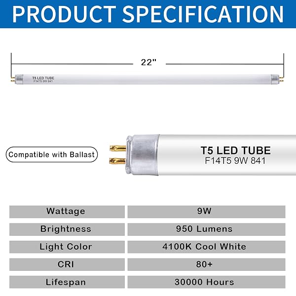 WESOME LIGHTING 22 INCH F14T5/CW LED REPLACEMENT BULBS, 4100K COOL WHITE, T5 LED 9 WATTS REPLACE FLUORESCENT BULB WITH LED, REPLACEMENT TUBE FOR COUNTER AND CABINET FIXTURE, 4 PACK