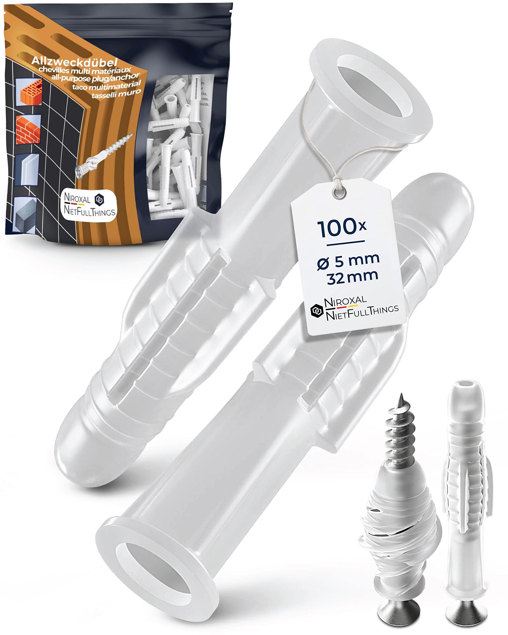 Wall Plugs 5 mm Rawl Plugs for 3.5-4 mm Screws Pack of 100 Universal Wall Fixings with Collar for Concrete Brick Plasterboard NietFullThings