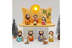 MERITMODE Nativity Set -11 Pieces Little People Nativity Set with LED Lights Manger, Nativity Sets for Christmas Indoor, Hand Painted Mini Decorative Religious Gift Figurines for Nativity Scene Lovers