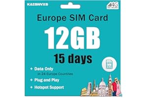 KAISNVXS Plug and Play Prepaid SIM Card for Europe Travel - EU 12GB Data SIM Card for 15 Days in 24 Countries, 5G/4G LTE High Speed Data Network, No Need Activation, Hotspot Support,Data Use Only