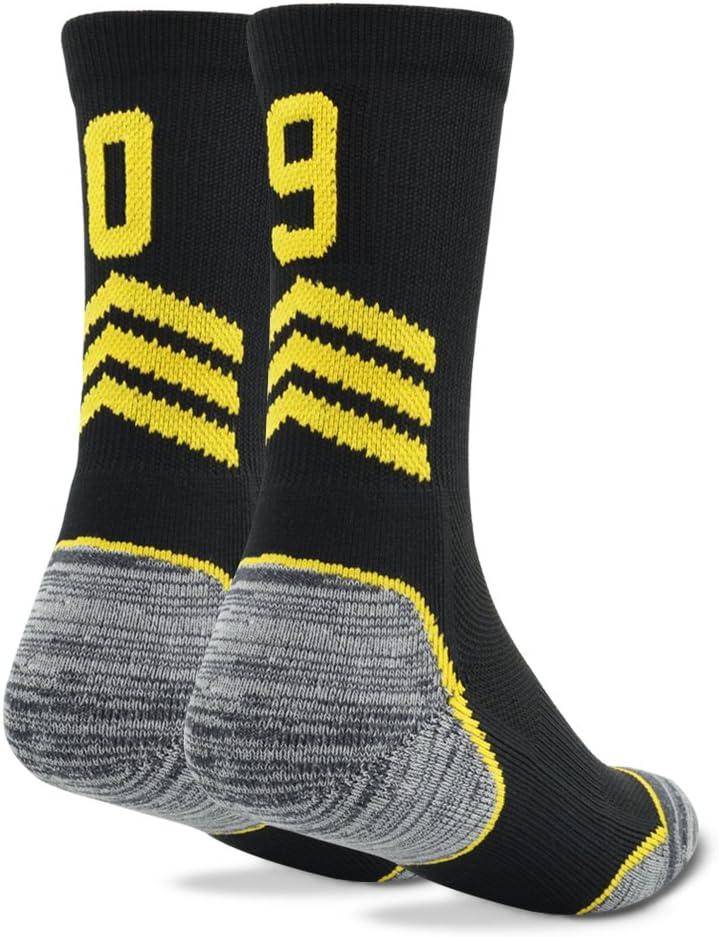 Funcat Cushioned Adult Teen Team Number Sports Crew Socks 1 Pair Black/Gold