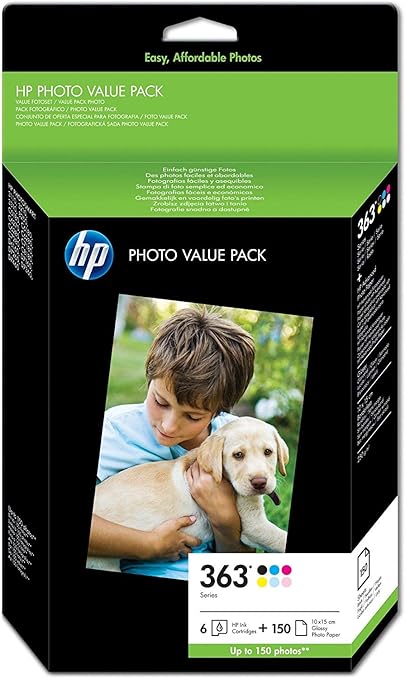 HP 363 Photo Value Pack mit 6 Druckerpatronen und Fotopapier 10 x 15 cm/150 Blatt, Q7966EE