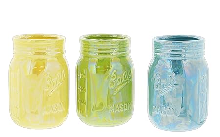 Napco Set Of 3 Pearlescent Mason Jar Vases In Yellow Green Blue