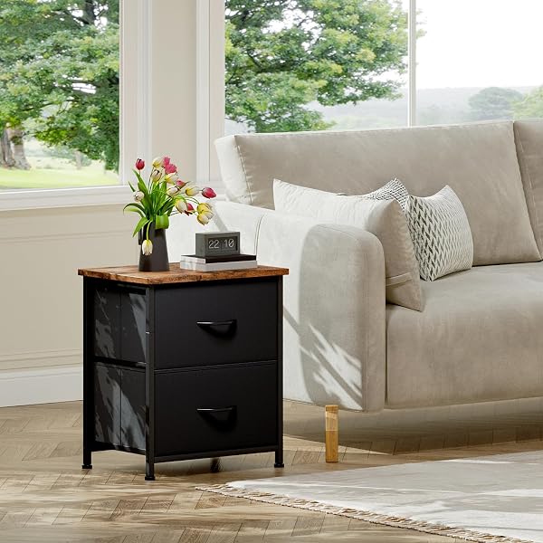 SOMDOT NIGHTSTAND, SMALL 2 DRAWER DRESSER END TABLE, CHEST OF DRAWERS, BEDSIDE TABLE NIGHT STAND END TABLE WITH FABRIC BINS FOR BEDROOM KIDS CLOSET DORM GUEST ROOM, BLACK RUSTIC BROWN