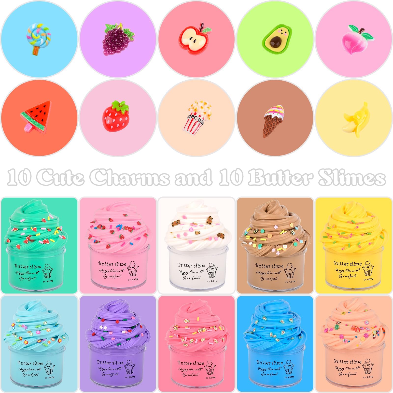 Premium Scented Butter Slime,10 Pack Slime,with Peach Charm,Watermelons,Apples and More Charms,10 Fun Add Ins,Pre-Made Slime for Kids,Great 6 Year Old Toys,Super Soft Sludge Toy.Super Mini