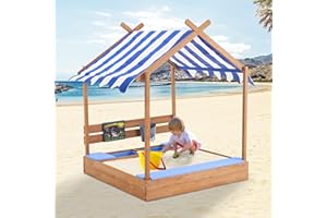 Pipleo Sandbox with Roof, 49'' Kids Large Wooden Sand Box with Liner, Drawing Board, Sink, House Design, Sand Boxes for Backyard Garden Beach, Sand Pit for Beach Patio Outdoor