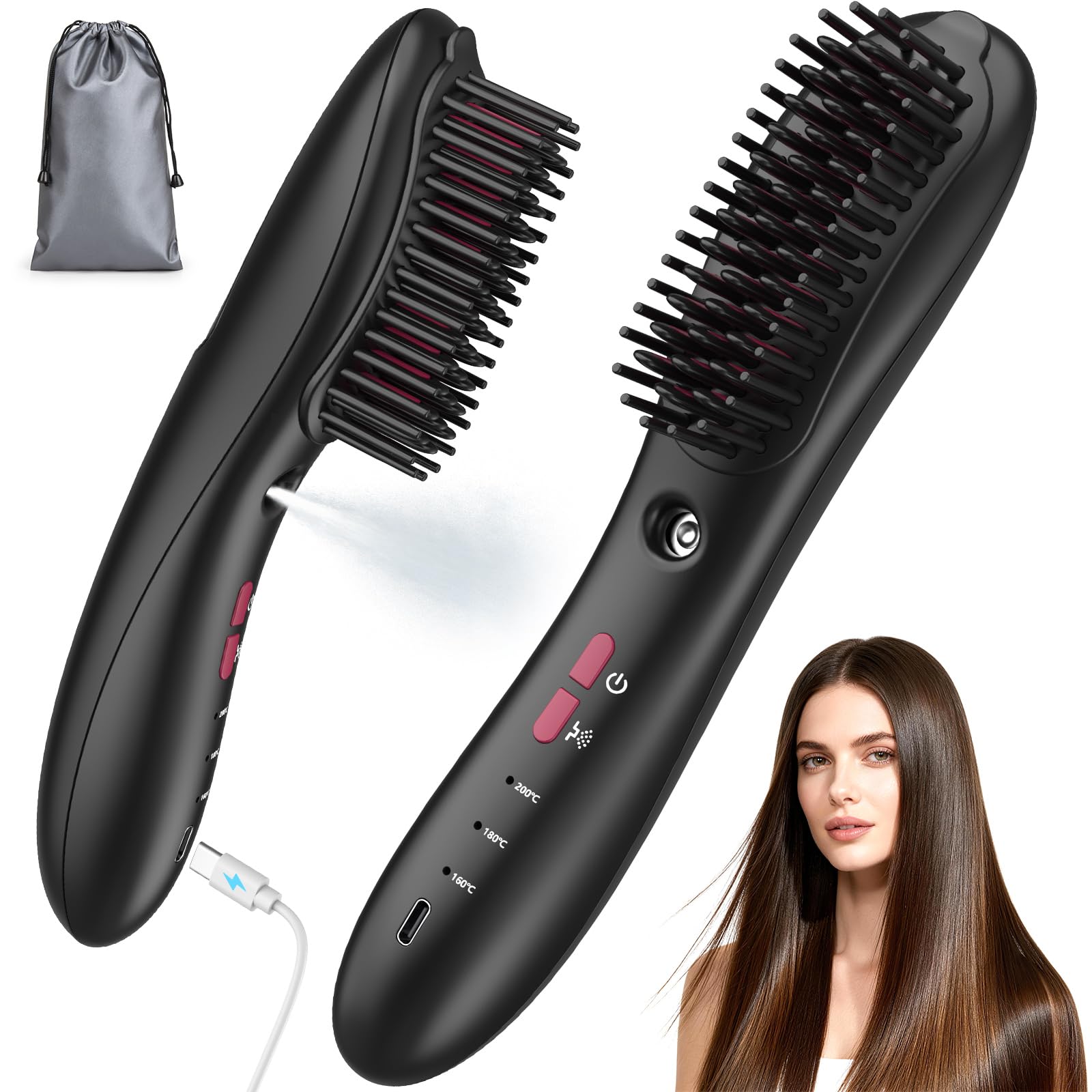 Photo 1 of Wireless Straightener Comb with Spray Mist - 3 in 1 Straightening Brush, 3 Temp Settings, 3000mAh Rechargeable, 50 Min Runtime, for All Hair Types